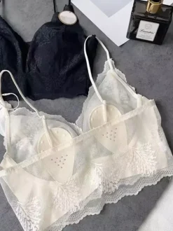 Lace Bralette Crop Top Wireless Sheer Lingerie With Thin Straps