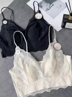 Lace Bralette Crop Top Wireless Sheer Lingerie With Thin Straps
