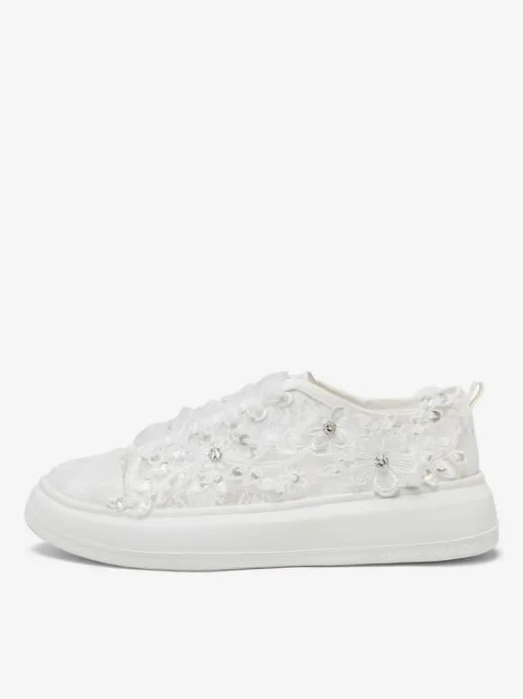 Lace Bridal Shoes Lace Up Flower Detail Falt Wedding Shoes
