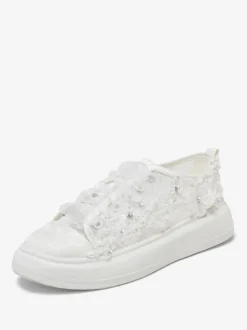 Lace Bridal Shoes Lace Up Flower Detail Falt Wedding Shoes