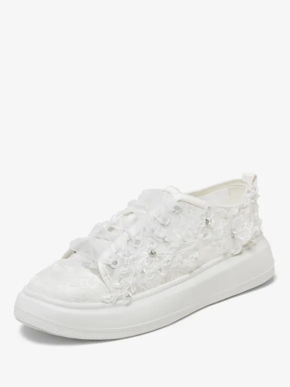 Lace Bridal Shoes Lace Up Flower Detail Falt Wedding Shoes