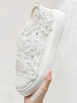Lace Bridal Shoes Lace Up Flower Detail Falt Wedding Shoes