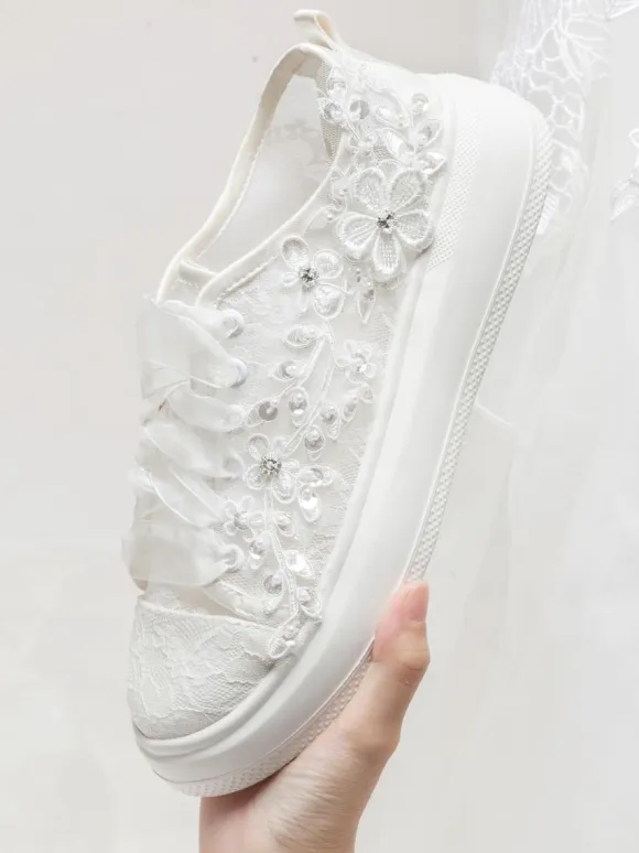 Lace Bridal Shoes Lace Up Flower Detail Falt Wedding Shoes