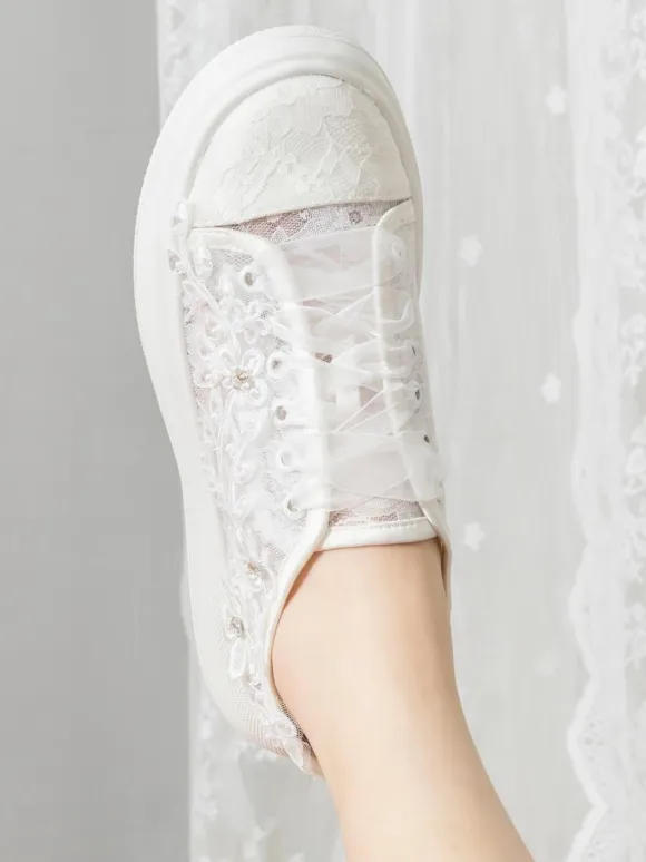 Lace Bridal Shoes Lace Up Flower Detail Falt Wedding Shoes