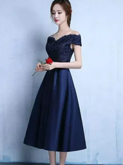 Lace Cocktail Dress Off The Shoulder Prom Dress Dazzling Blue Satin Sweetheart A Line Tea Length Graduation Dress With Bow Sash wedding guest dress