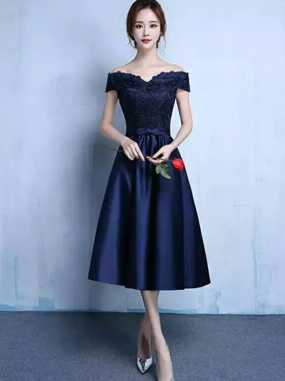 Lace Cocktail Dress Off The Shoulder Prom Dress Dazzling Blue Satin Sweetheart A Line Tea Length Graduation Dress With Bow Sash wedding guest dress