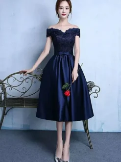 Lace Cocktail Dress Off The Shoulder Prom Dress Dazzling Blue Satin Sweetheart A Line Tea Length Graduation Dress With Bow Sash wedding guest dress
