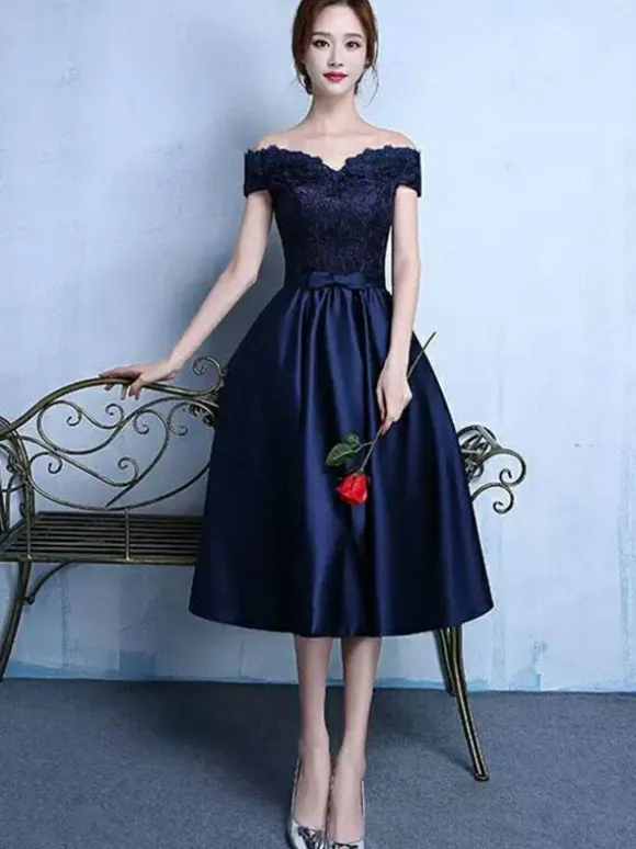 Lace Cocktail Dress Off The Shoulder Prom Dress Dazzling Blue Satin Sweetheart A Line Tea Length Graduation Dress With Bow Sash wedding guest dress