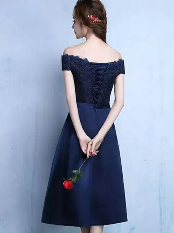 Lace Cocktail Dress Off The Shoulder Prom Dress Dazzling Blue Satin Sweetheart A Line Tea Length Graduation Dress With Bow Sash wedding guest dress