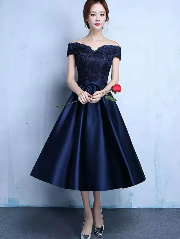 Lace Cocktail Dress Off The Shoulder Prom Dress Dazzling Blue Satin Sweetheart A Line Tea Length Graduation Dress With Bow Sash wedding guest dress
