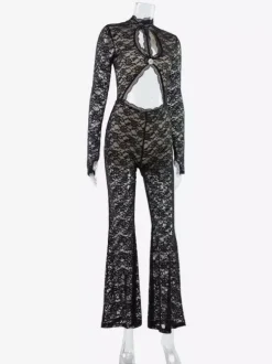 Lace Cut Out Bodysuit For Women - Black Gothic Open Back Floral Sheer Flare Romper - Spring Night Out Party Clubwear 2026