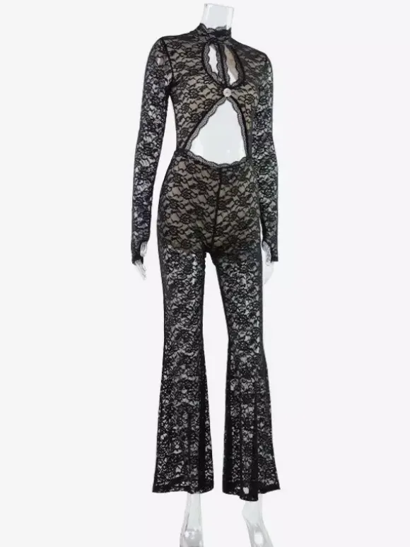 Lace Cut Out Bodysuit For Women - Black Gothic Open Back Floral Sheer Flare Romper - Spring Night Out Party Clubwear 2026