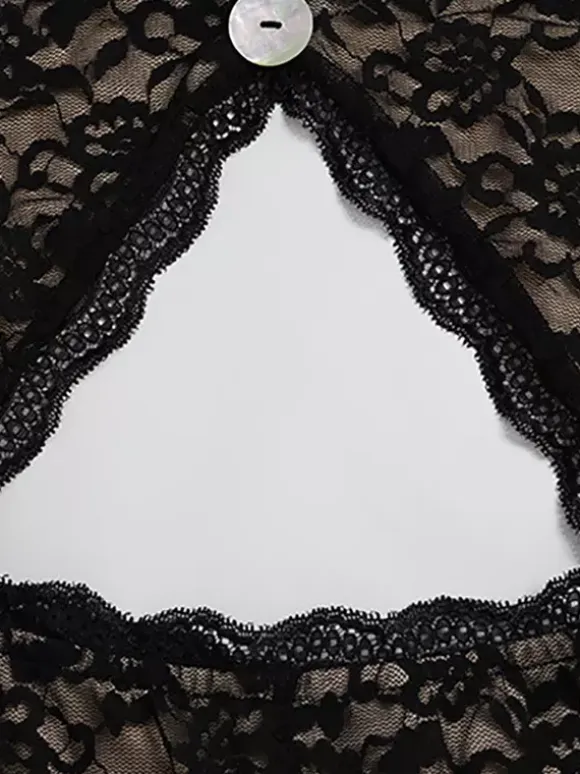 Lace Cut Out Bodysuit For Women - Black Gothic Open Back Floral Sheer Flare Romper - Spring Night Out Party Clubwear 2026