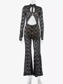 Lace Cut Out Bodysuit For Women - Black Gothic Open Back Floral Sheer Flare Romper - Spring Night Out Party Clubwear 2026