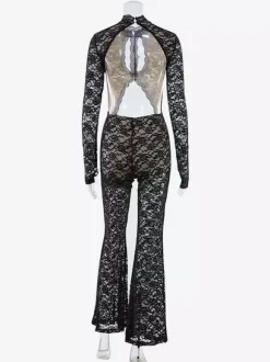 Lace Cut Out Bodysuit For Women - Black Gothic Open Back Floral Sheer Flare Romper - Spring Night Out Party Clubwear 2026