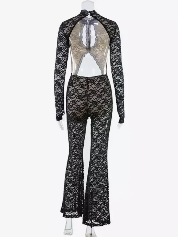 Lace Cut Out Bodysuit For Women - Black Gothic Open Back Floral Sheer Flare Romper - Spring Night Out Party Clubwear 2026