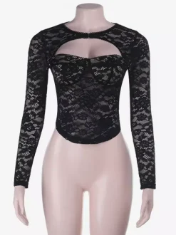 Lace Cutout Corset Style Blouse For Women - Black Sexy Long Sleeve Bustier Top - Spring Clubwear Party 2026