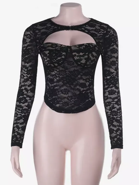 Lace Cutout Corset Style Blouse For Women - Black Sexy Long Sleeve Bustier Top - Spring Clubwear Party 2026