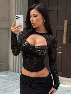 Lace Cutout Corset Style Blouse For Women - Black Sexy Long Sleeve Bustier Top - Spring Clubwear Party 2026