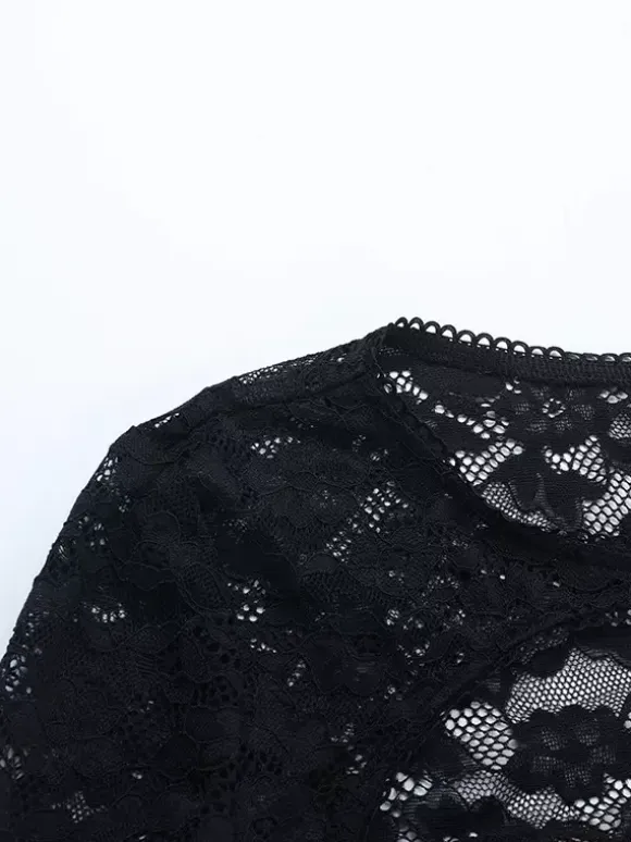 Lace Cutout Corset Style Blouse For Women - Black Sexy Long Sleeve Bustier Top - Spring Clubwear Party 2026