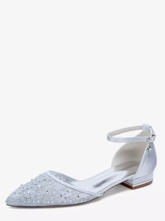 Lace Flat Wedding Shoes Rhinestones Pointed Toe Bridal Shoes