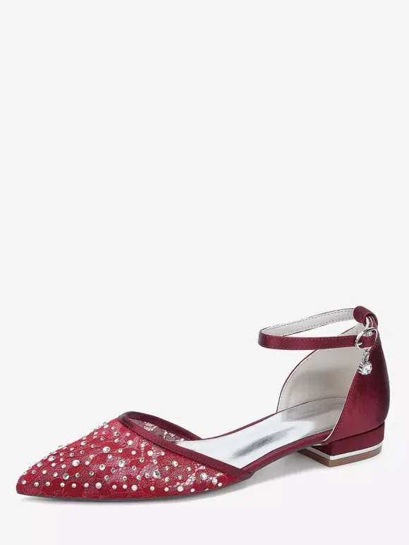 Lace Flat Wedding Shoes Rhinestones Pointed Toe Bridal Shoes