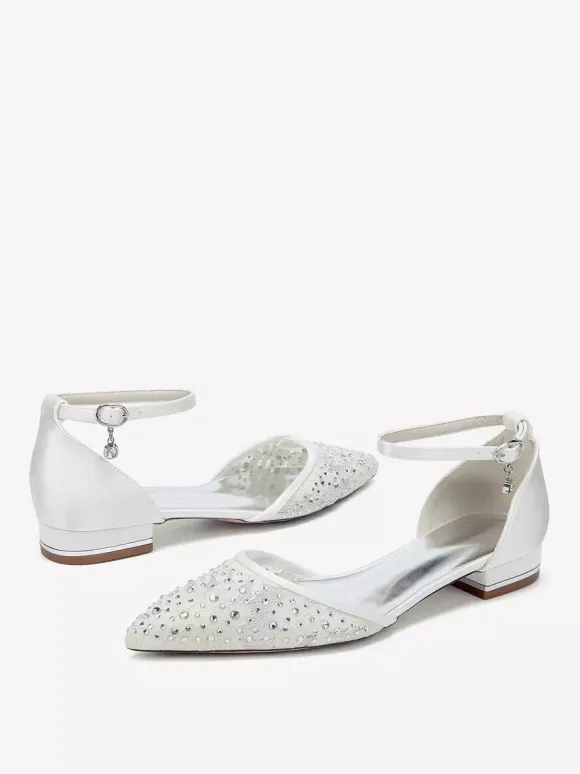 Lace Flat Wedding Shoes Rhinestones Pointed Toe Bridal Shoes