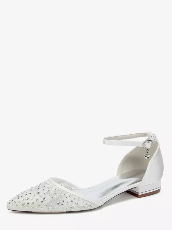 Lace Flat Wedding Shoes Rhinestones Pointed Toe Bridal Shoes