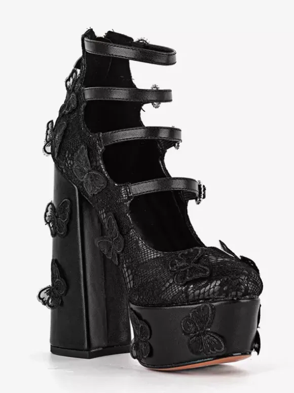 Lace High Heels Black Platform Round Toe Butterflies Detail Chunky Heel Party Shoes