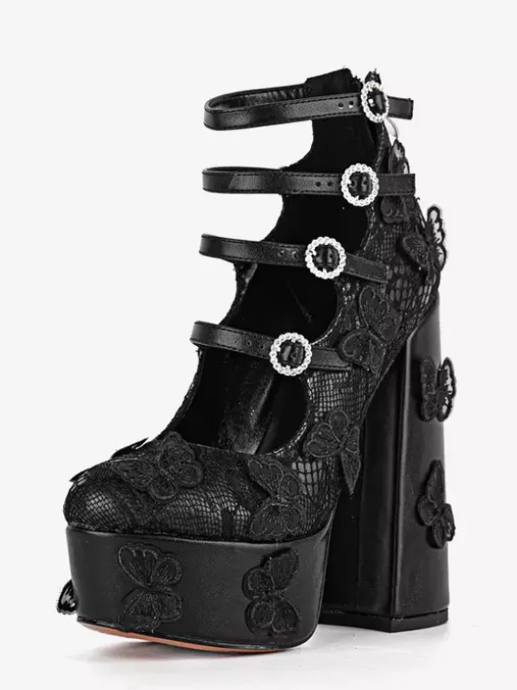 Lace High Heels Black Platform Round Toe Butterflies Detail Chunky Heel Party Shoes