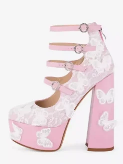 Lace High Heels Black Platform Round Toe Butterflies Detail Chunky Heel Party Shoes