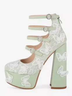 Lace High Heels Black Platform Round Toe Butterflies Detail Chunky Heel Party Shoes