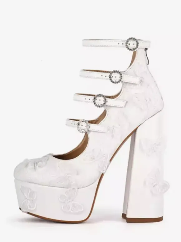 Lace High Heels Black Platform Round Toe Butterflies Detail Chunky Heel Party Shoes