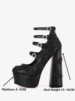 Lace High Heels Black Platform Round Toe Butterflies Detail Chunky Heel Party Shoes
