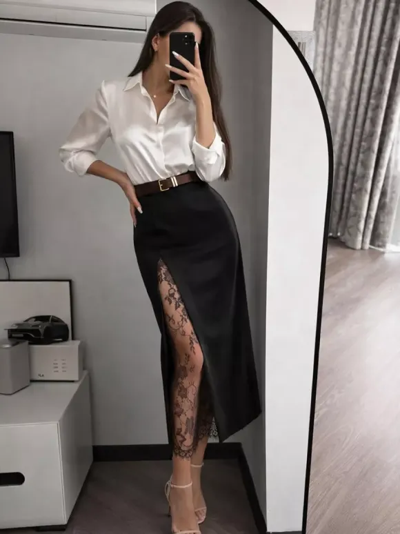 Lace Inner Front Slit High Waist Straight Midi Skirt