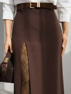 Lace Inner Front Slit High Waist Straight Midi Skirt