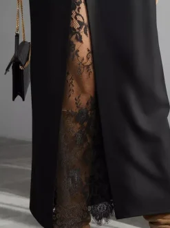 Lace Inner Front Slit High Waist Straight Midi Skirt