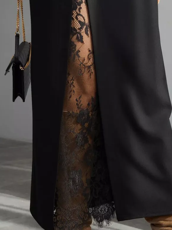 Lace Inner Front Slit High Waist Straight Midi Skirt