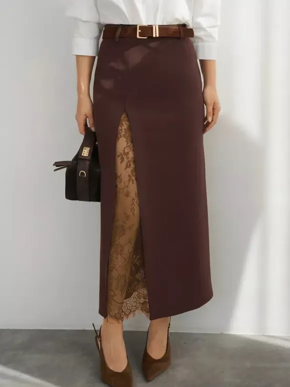 Lace Inner Front Slit High Waist Straight Midi Skirt