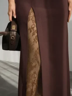 Lace Inner Front Slit High Waist Straight Midi Skirt