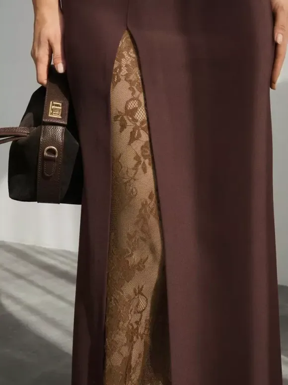 Lace Inner Front Slit High Waist Straight Midi Skirt