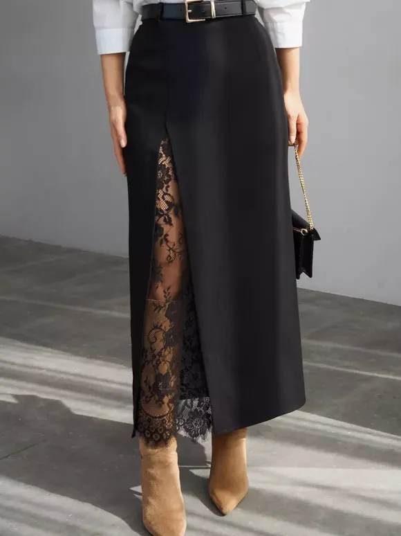 Lace Inner Front Slit High Waist Straight Midi Skirt