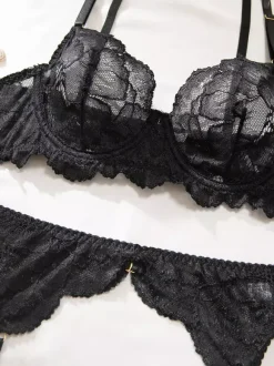 Lace Lingerie Black Lace Garter Bra Panty 4-Piece Sets