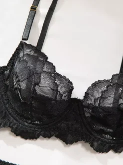 Lace Lingerie Black Lace Garter Bra Panty 4-Piece Sets