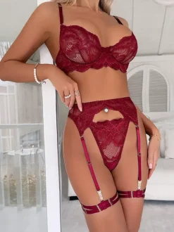 Lace Lingerie Black Lace Garter Bra Panty 4-Piece Sets