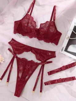 Lace Lingerie Black Lace Garter Bra Panty 4-Piece Sets
