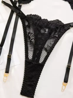 Lace Lingerie Black Lace Garter Bra Panty 4-Piece Sets