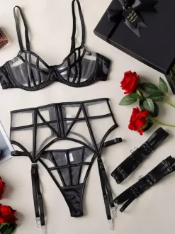 Lace Lingerie Black Strappy Cage Bra Panty Garter Belt Sets