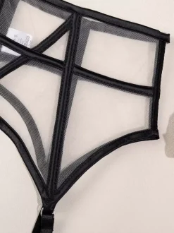Lace Lingerie Black Strappy Cage Bra Panty Garter Belt Sets
