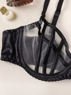 Lace Lingerie Black Strappy Cage Bra Panty Garter Belt Sets